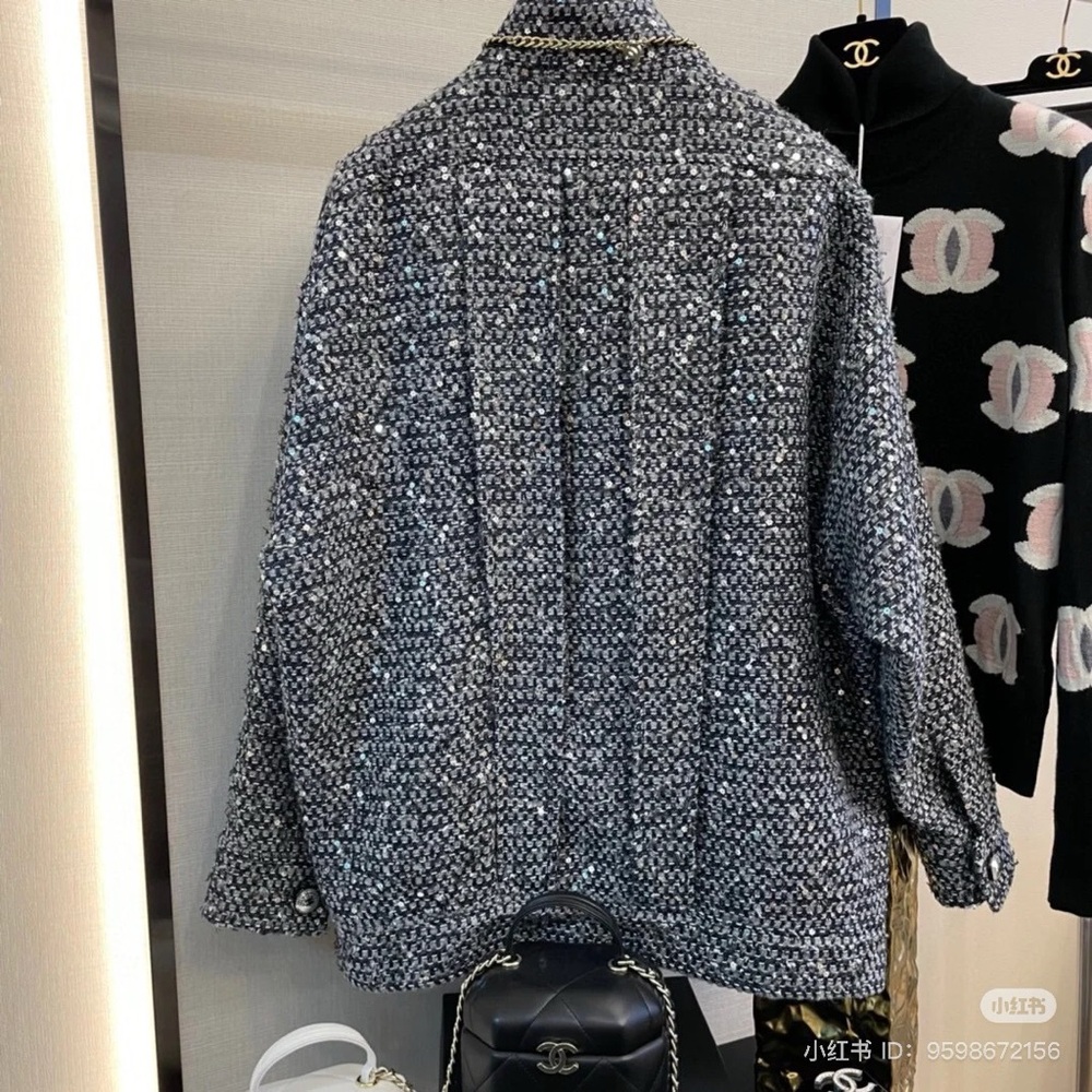 Stunning Women's Tweed Button-Up Jacket - Silver Sequins - Picture 11 of 11
